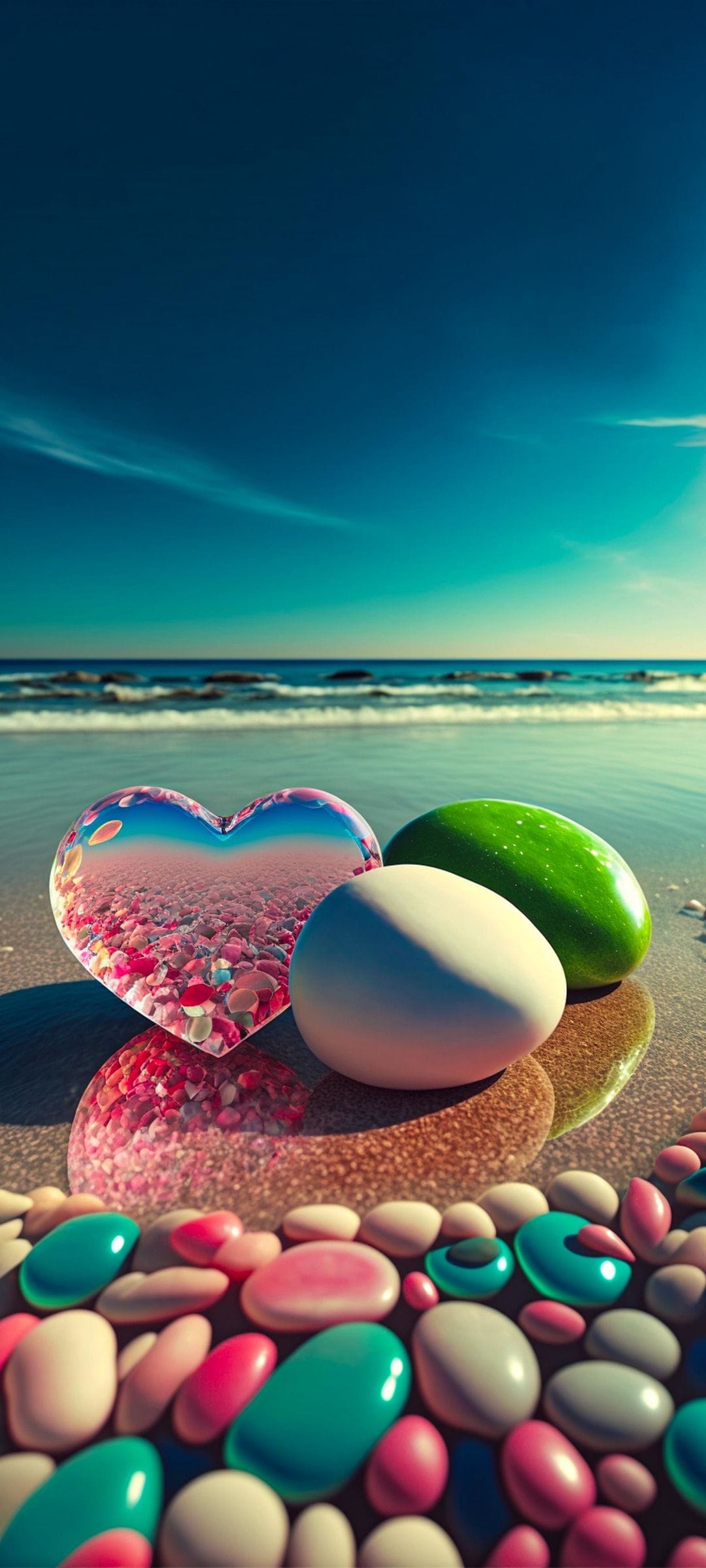 Heart-shaped crystal vessel filled with pink pebbles sits on a sandy beach surrounded by smooth colorful stones.