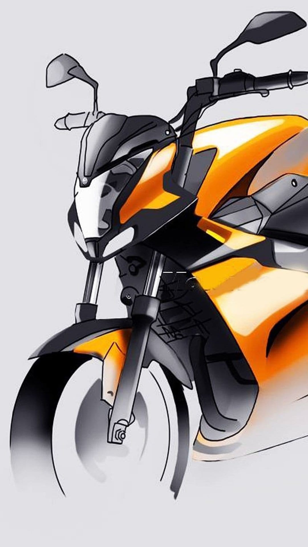 Orange and black modern motorcycle front view with detailed headlights and suspension in a technical sketch style.