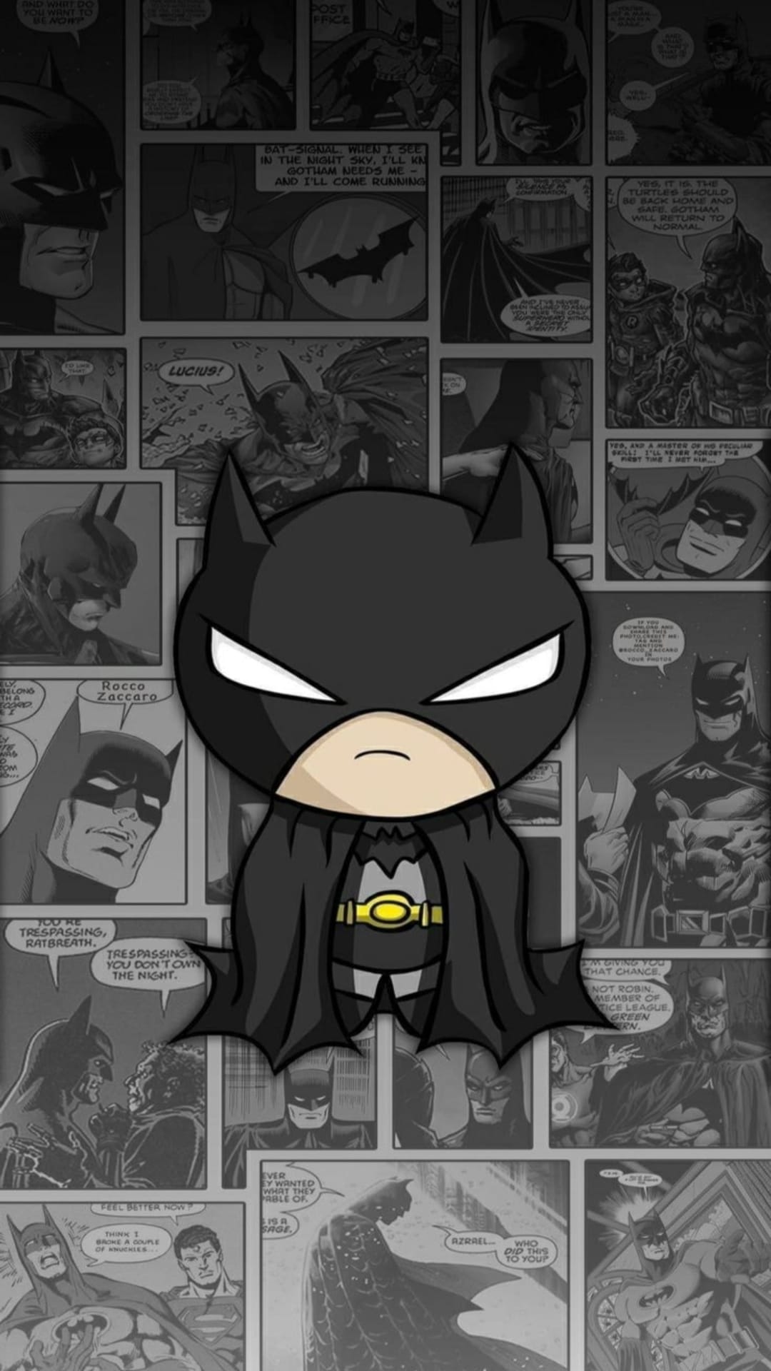 Batman chibi figure with a flowing cape stands before a collage of black and white vintage comic book panels.