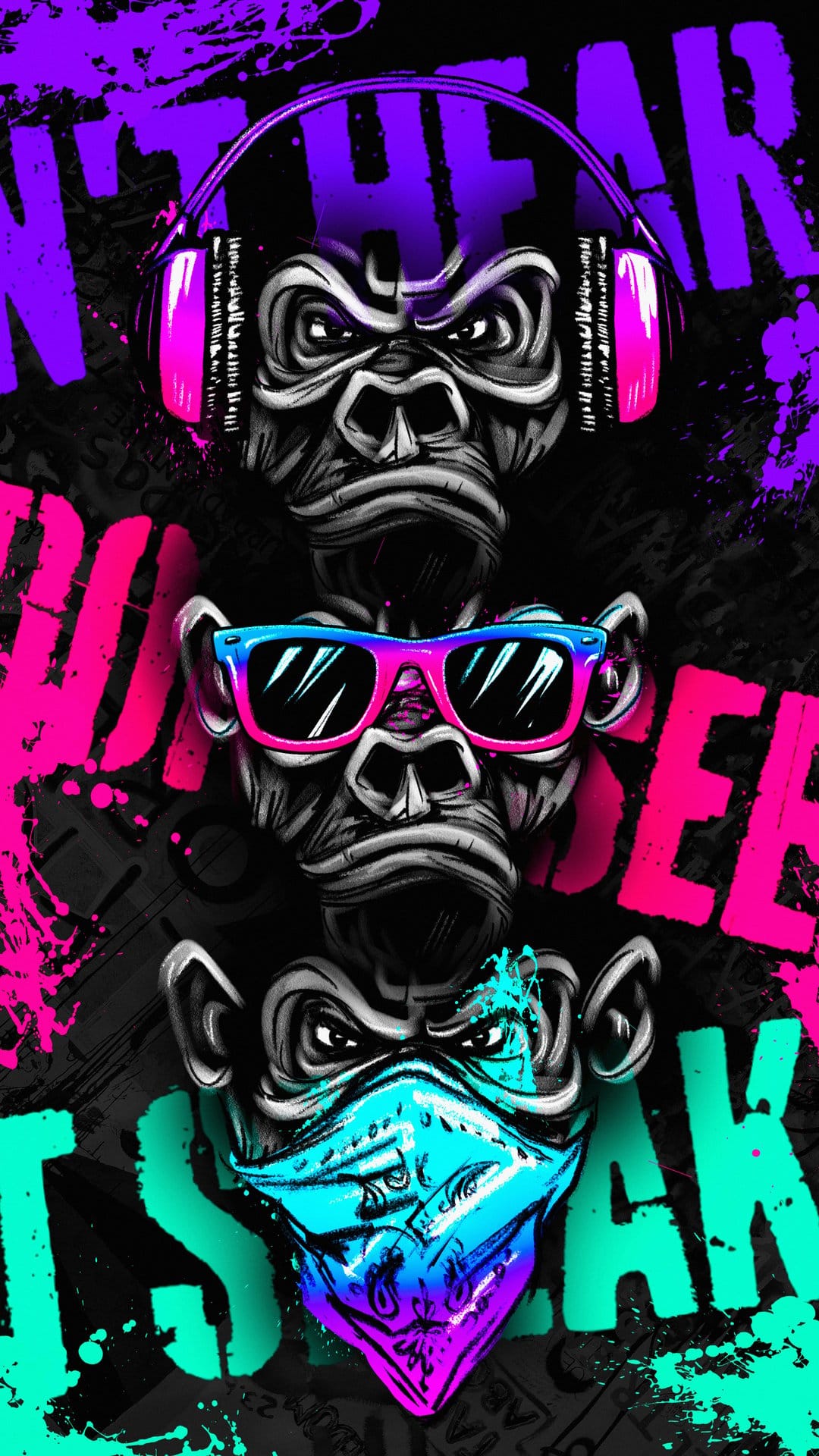 Three stylized monkeys wearing headphones, sunglasses, and a bandana glowing in neon pink and blue light.