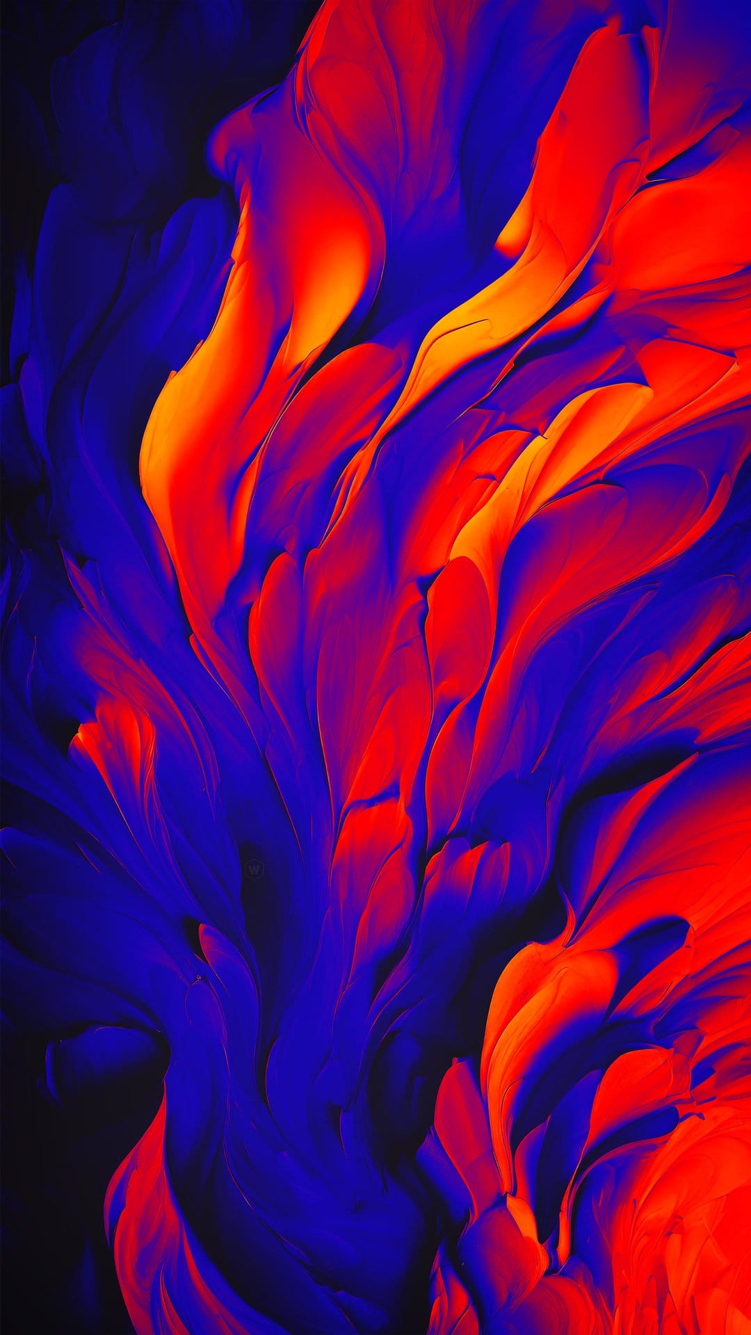Intertwining red and blue fluid swirls create a high-contrast abstract pattern for a smartphone screen display.