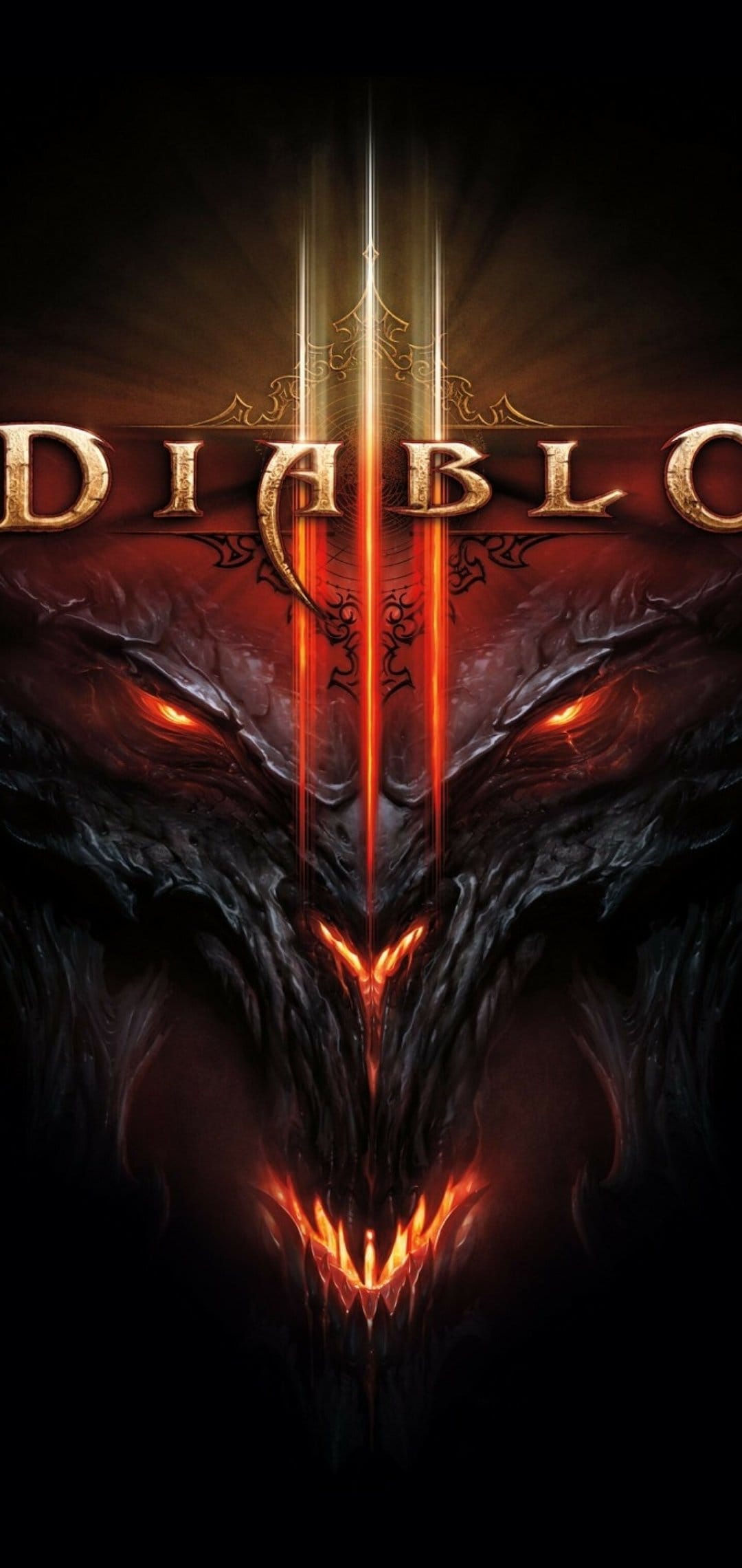 Demonic face with glowing red eyes and fiery mouth below golden Diablo III text on a dark mobile background.