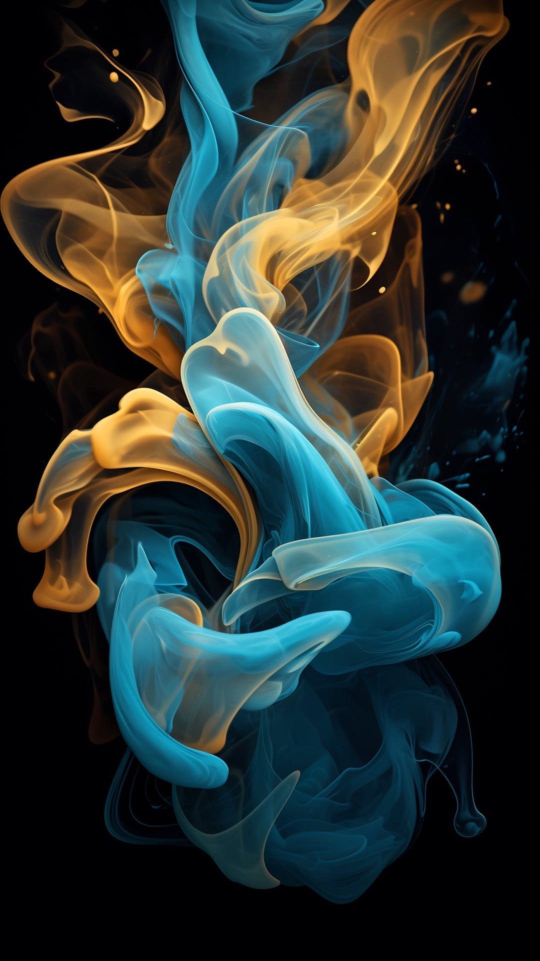 Swirling translucent blue and orange smoke plumes intertwine against a solid black background in a vertical view.