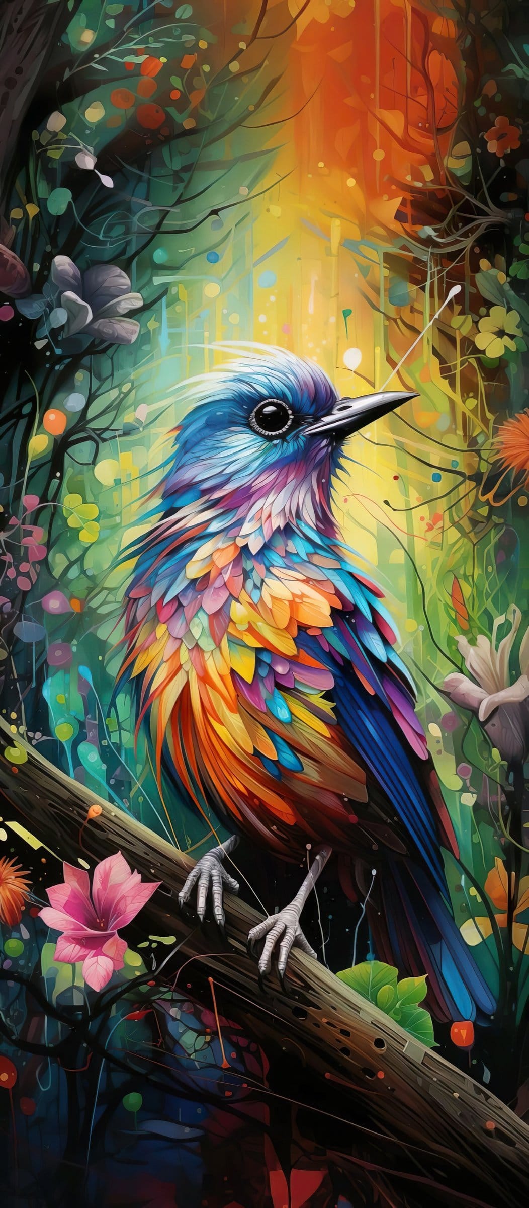 Rainbow-colored bird perches on a gnarled dark branch against a backdrop of glowing abstract flowers and swirls.