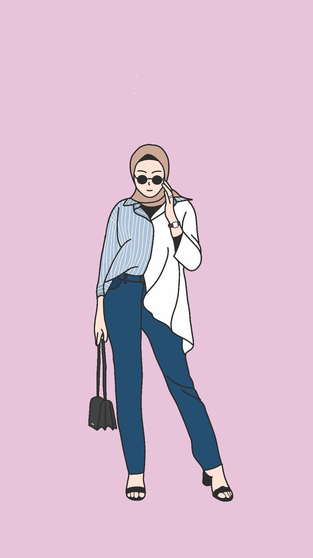 Hijab-wearing woman in a blue and white outfit holding a black purse stands against a soft pink background.