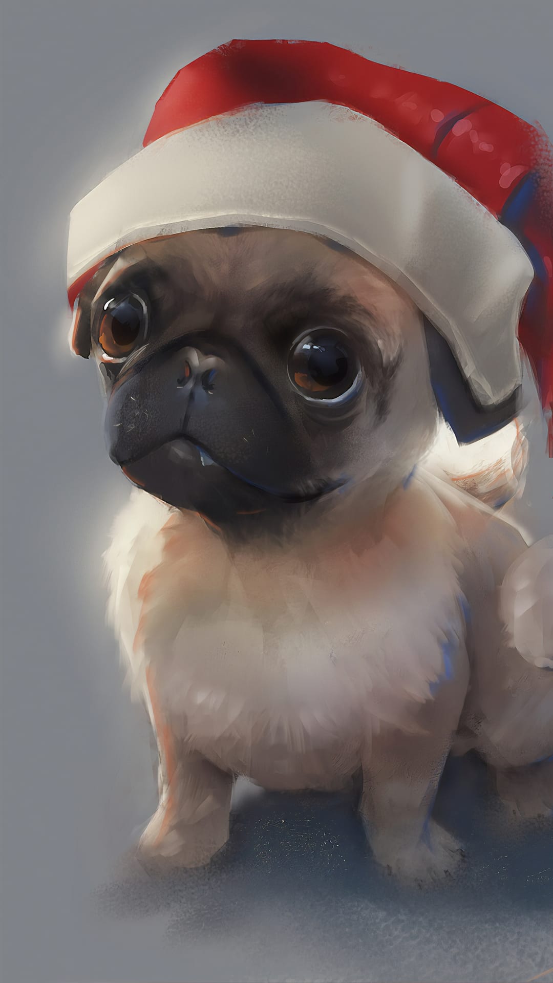 Pug puppy wearing a red and white Santa hat with large dark eyes and a wrinkled face against a soft background.
