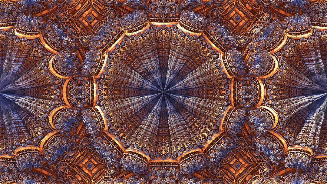 Symmetrical golden fractal patterns with deep blue accents create a layered, radial 3D metallic structure.