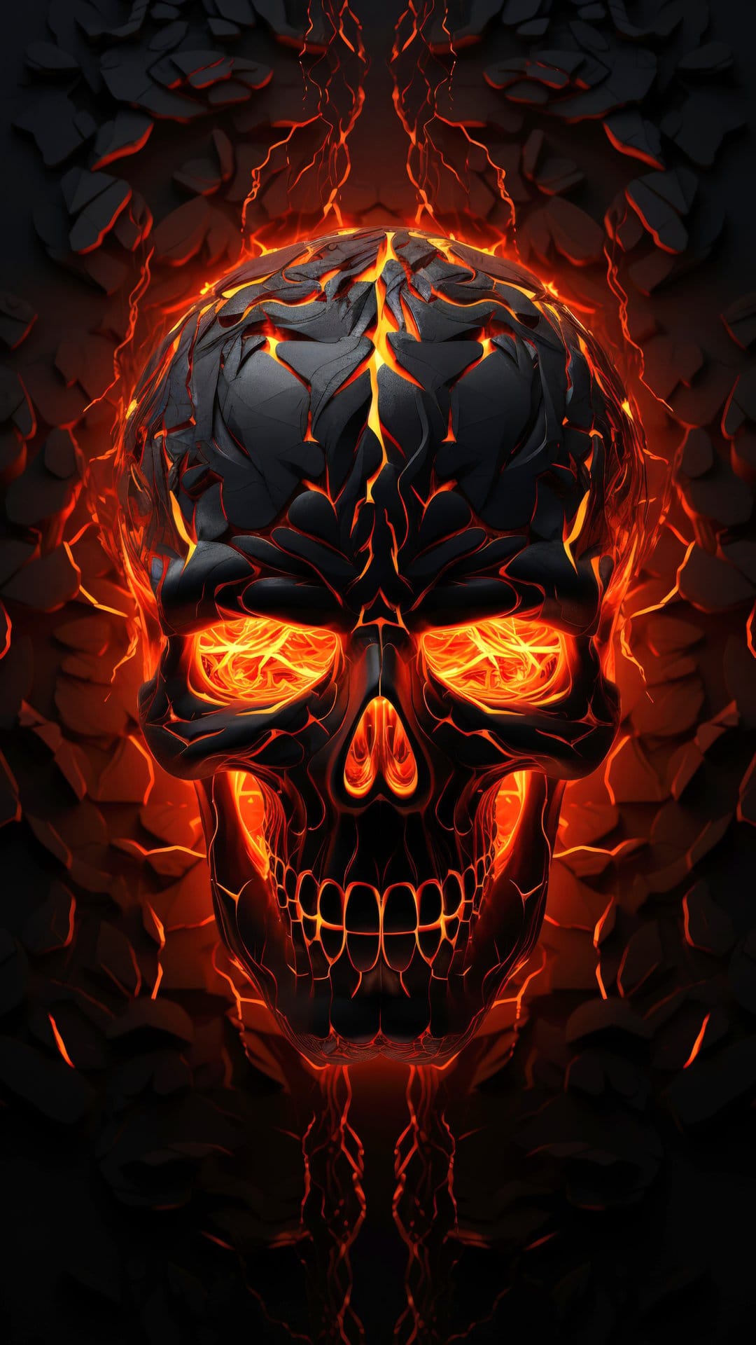 Skeletal head with glowing magma seepage through fractured bone textures set against a dark void background.