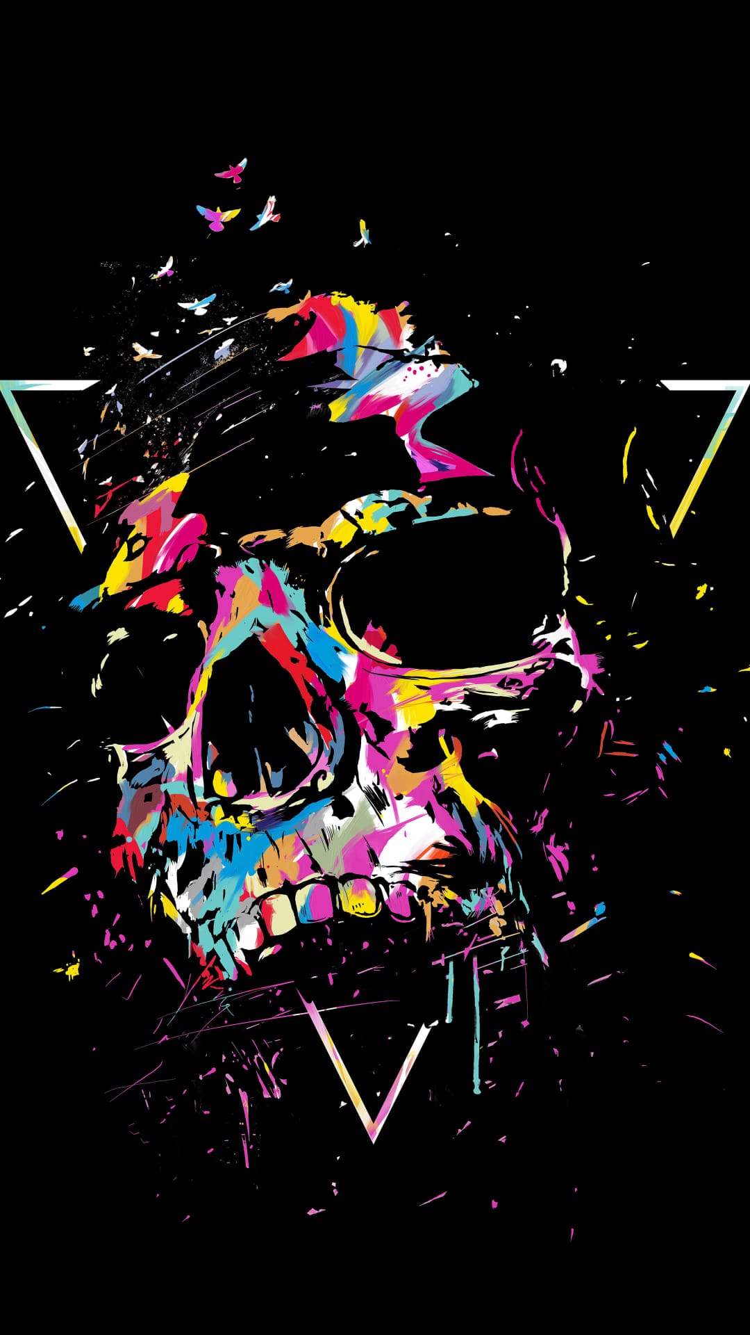 Colorful geometric skull with flying birds and white triangles centered against a solid black background.