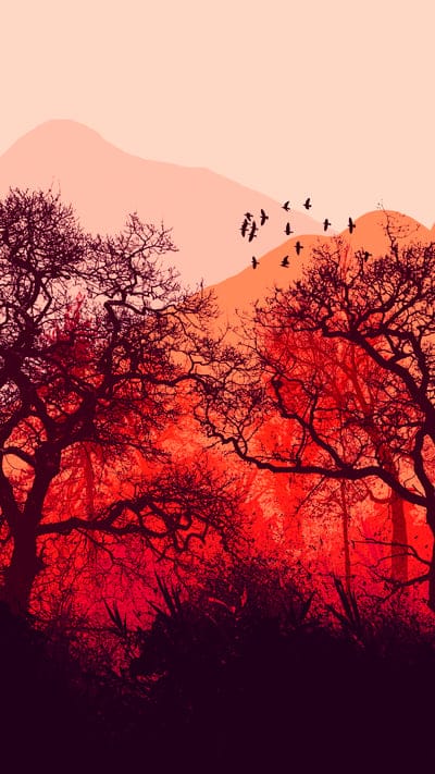 trees,mountains,art,red