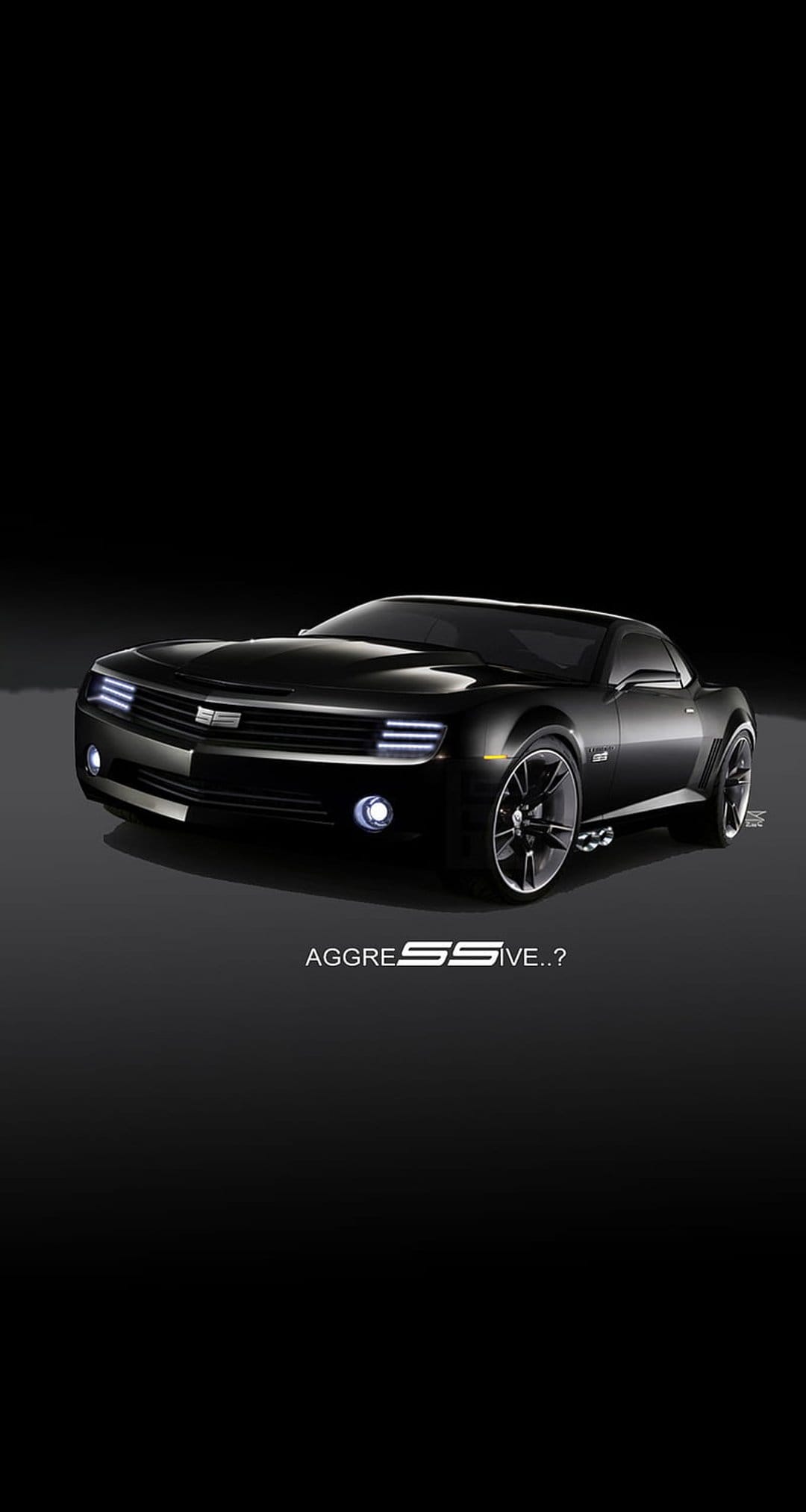 Black Chevrolet Camaro SS concept car with glowing headlights and stylized SS emblem against a dark background.