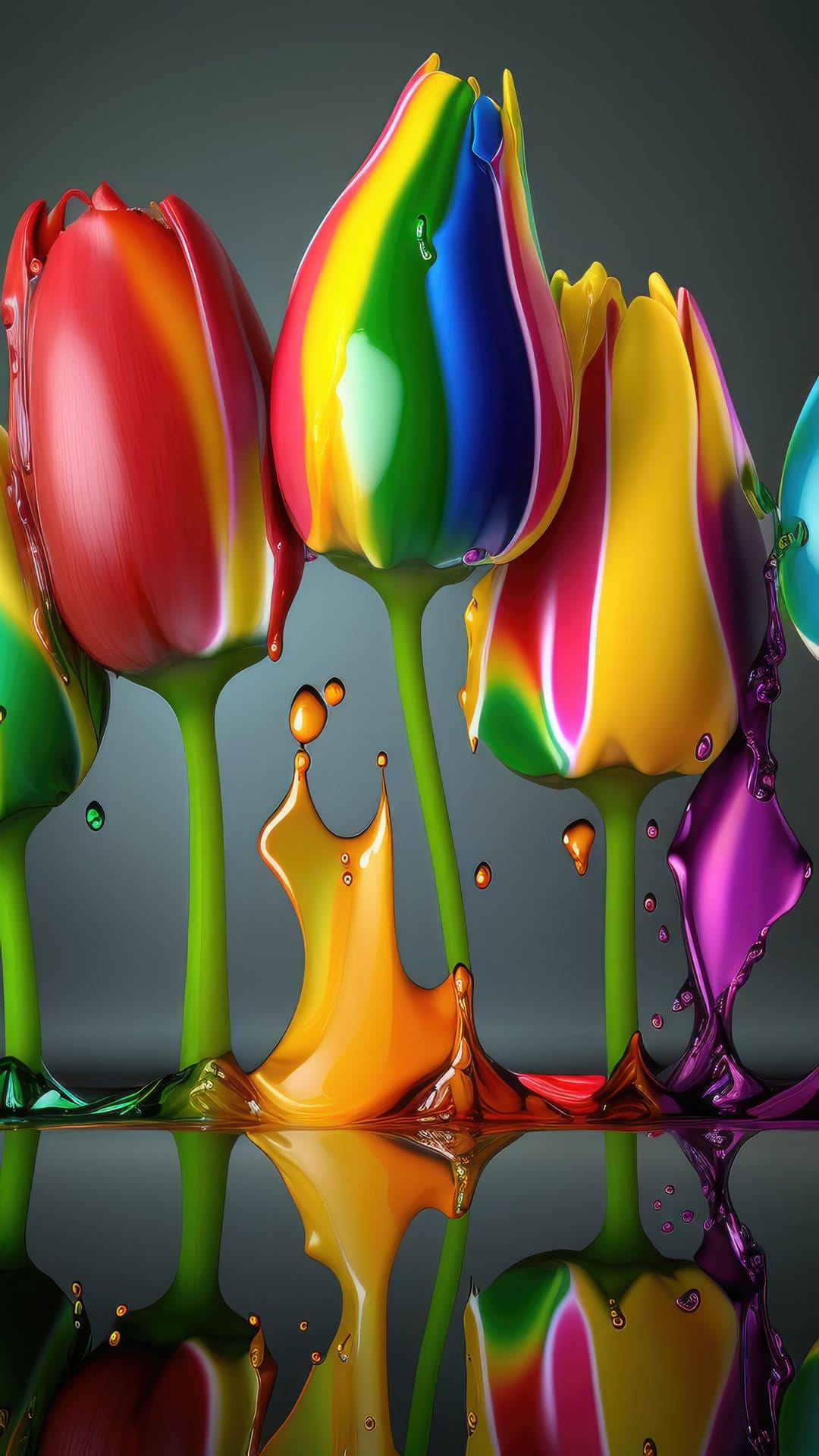 Rainbow tulips with glossy liquid paint dripping from petals against a dark, reflective studio background.
