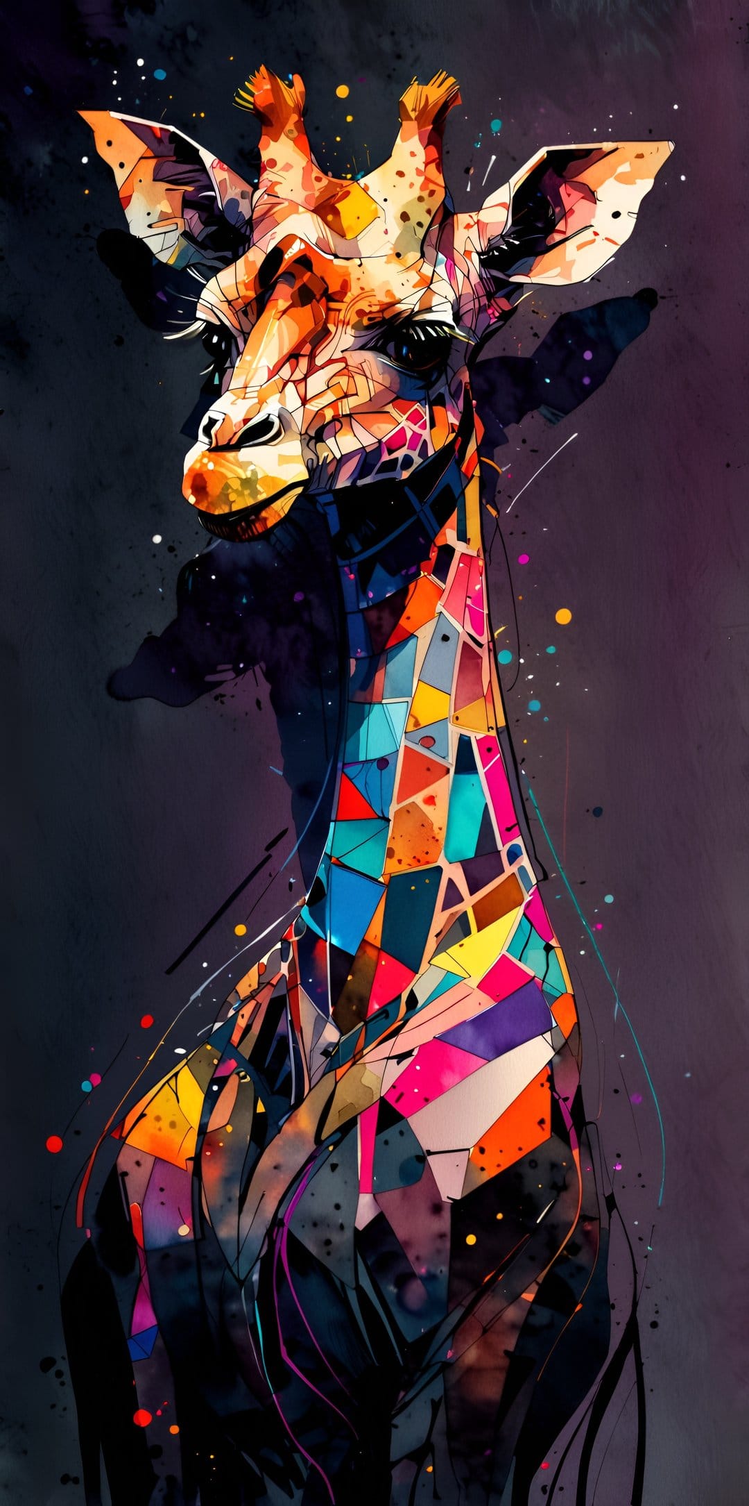 Giraffe with angular geometric patches in neon orange and blue tones staring forward against a dark background.