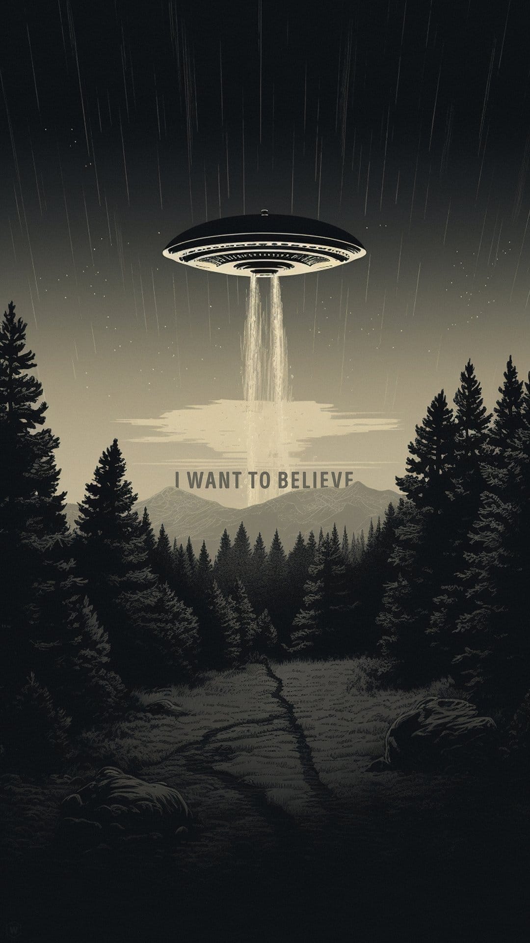 Flying saucer hovering over a dark forest emitting a light beam with mountains and text in the misty background.