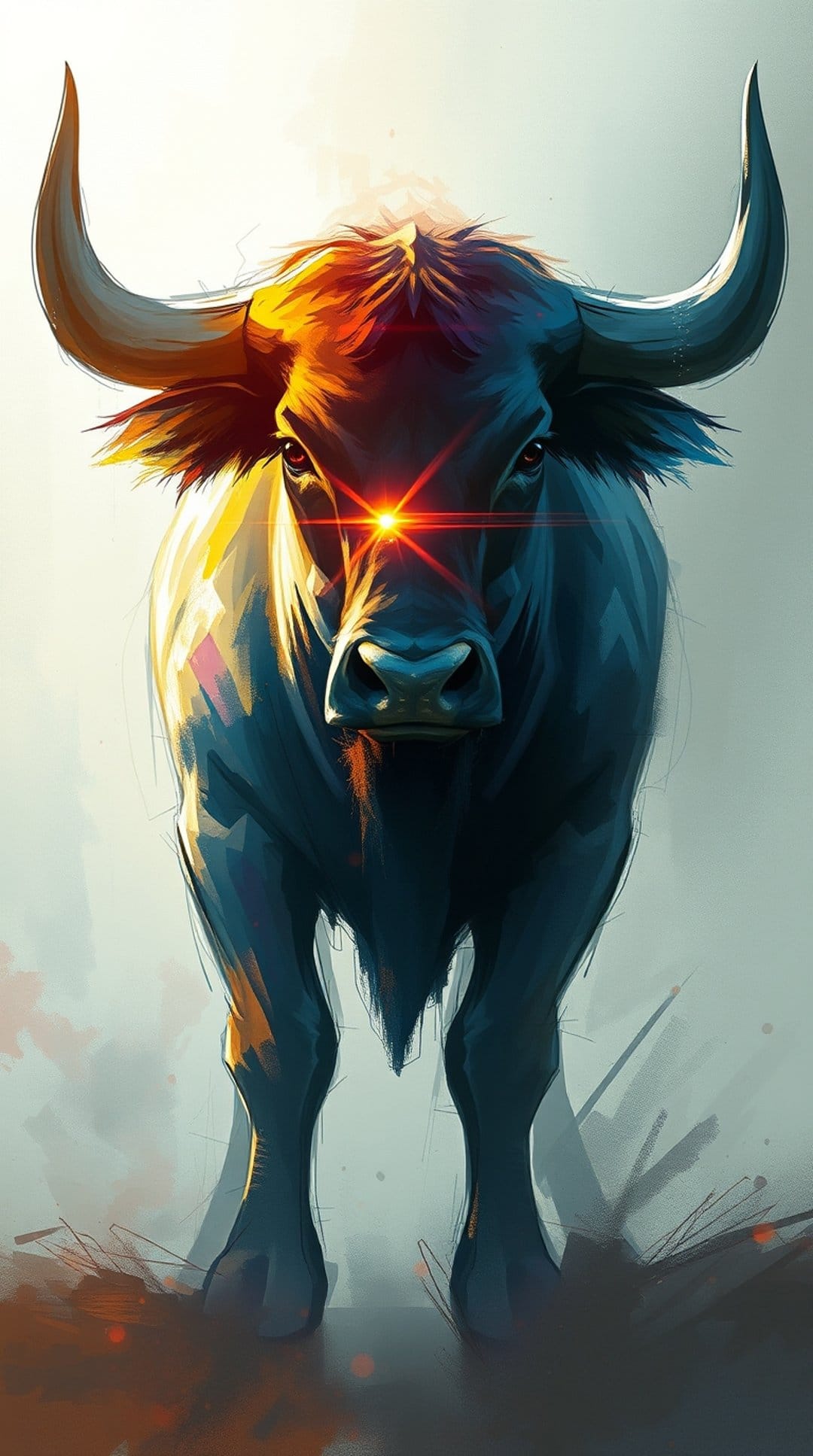Bull with glowing red eyes and radiant golden horns stares forward against a dark, atmospheric background.