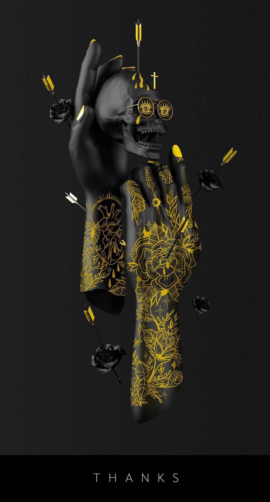 Black skull with yellow eye implants and tattooed hands pierced by arrows surrounded by dark roses.