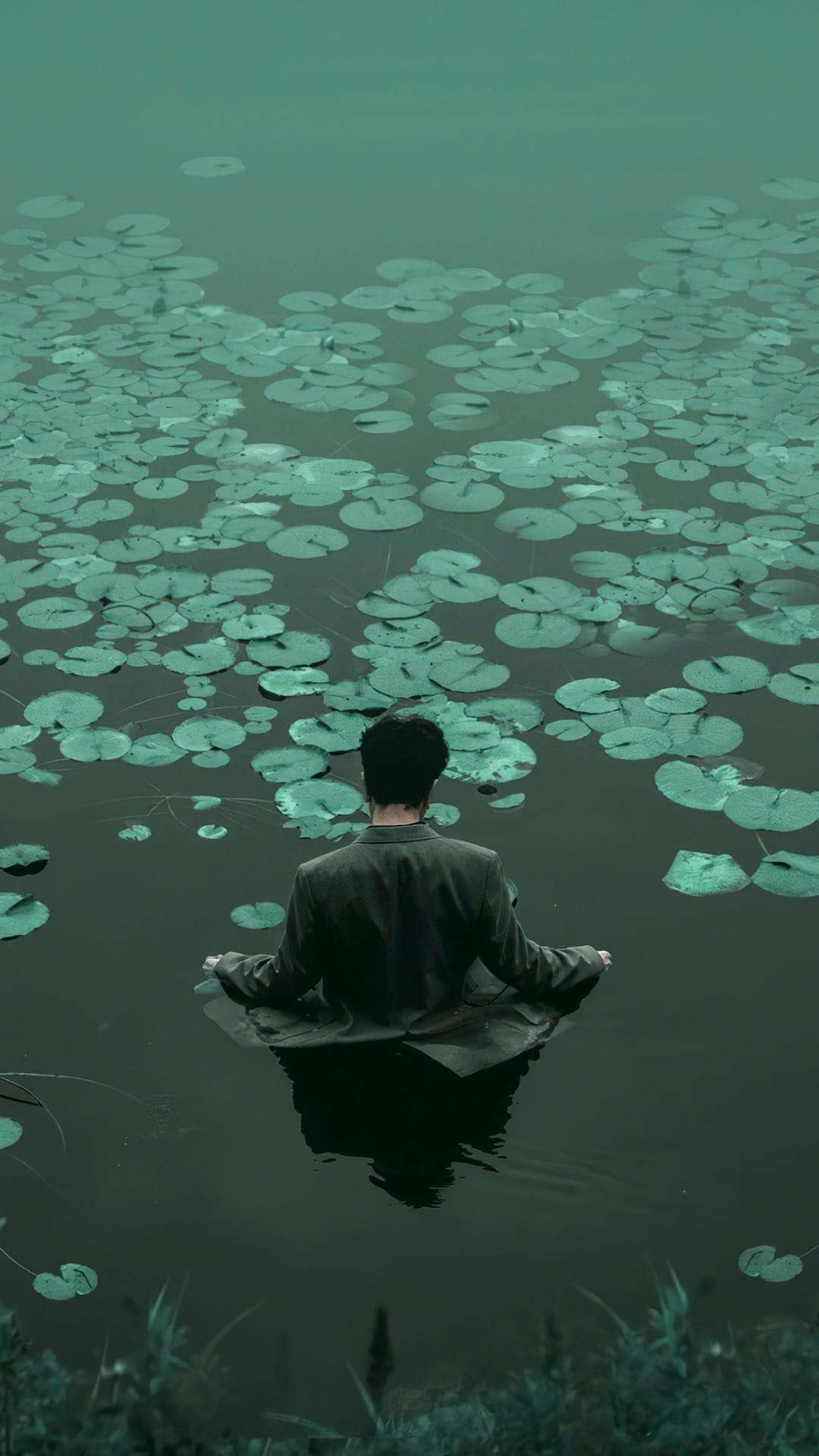 Person seated in dark pond water surrounded by dense teal lily pads, viewed from behind in a jacket.