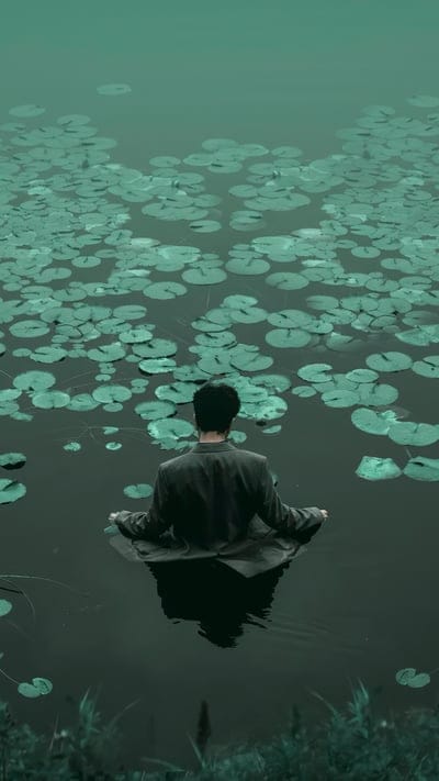 boyinlake,lillypad,alone,green,boyback,boy,attitude