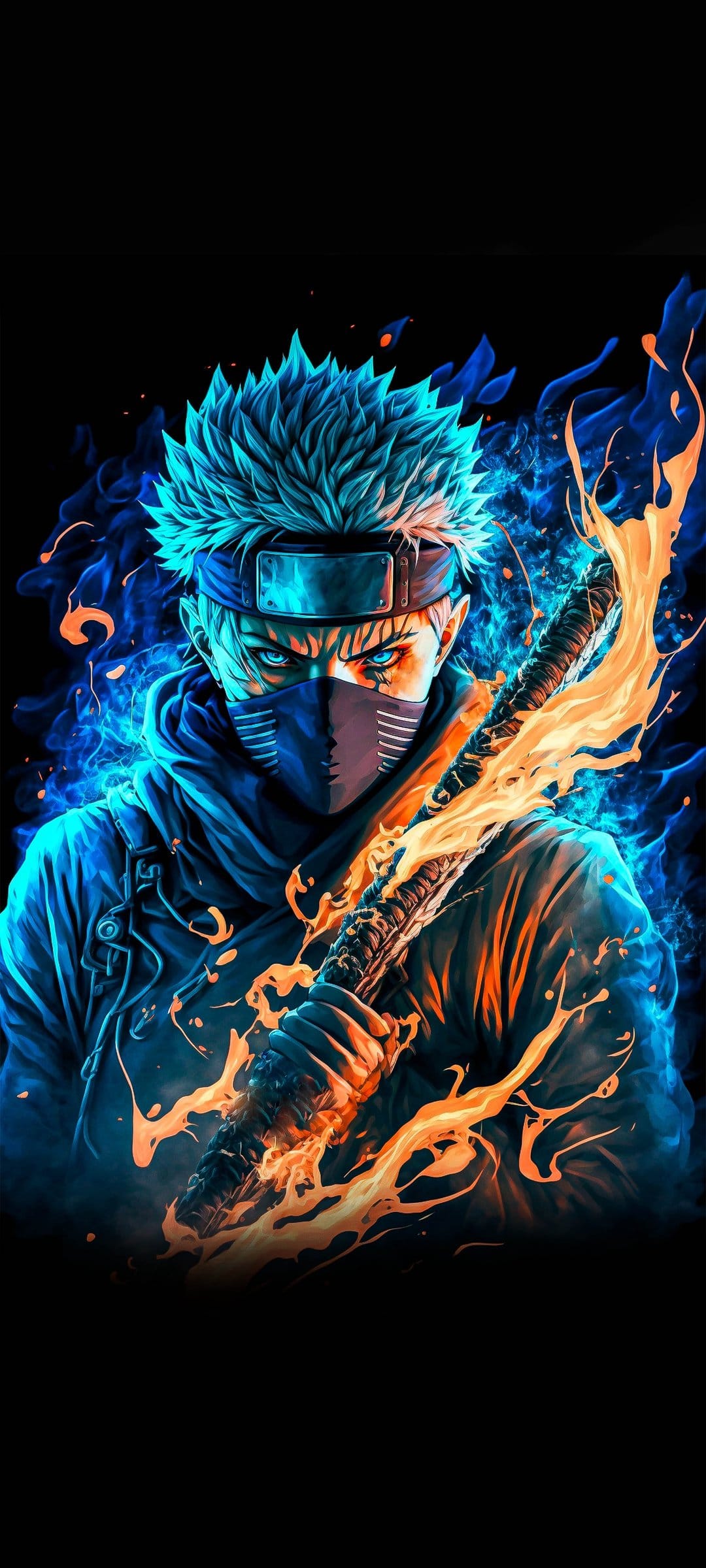 Masked warrior with spiky blue hair holding a flaming sword against a glowing background of blue smoke and energy.