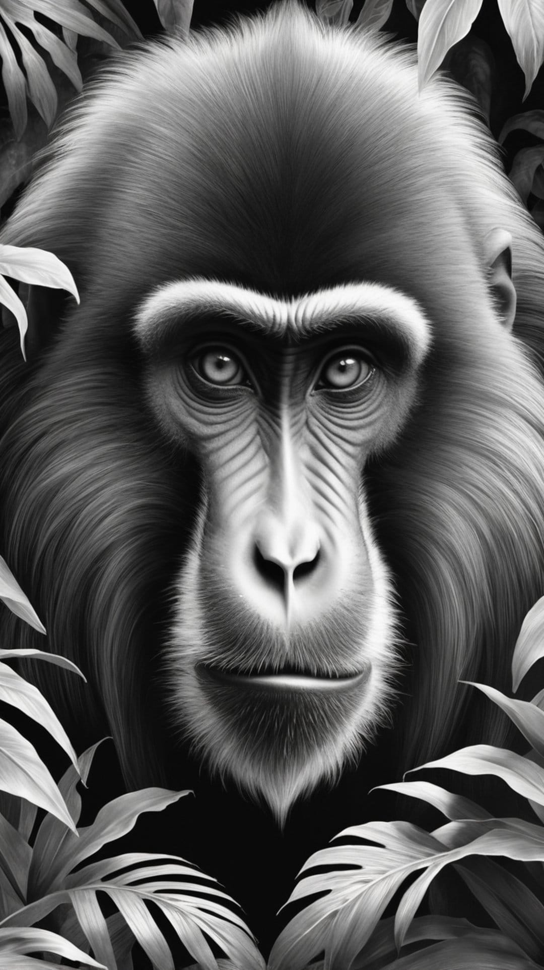 Baboon with detailed facial wrinkles and intense eyes stares through large jungle leaves in black and white.