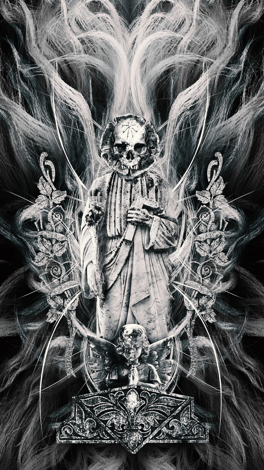 Skull statue wearing robes and holding a cross, flanked by ornate wings and a small kneeling cherub at the base.