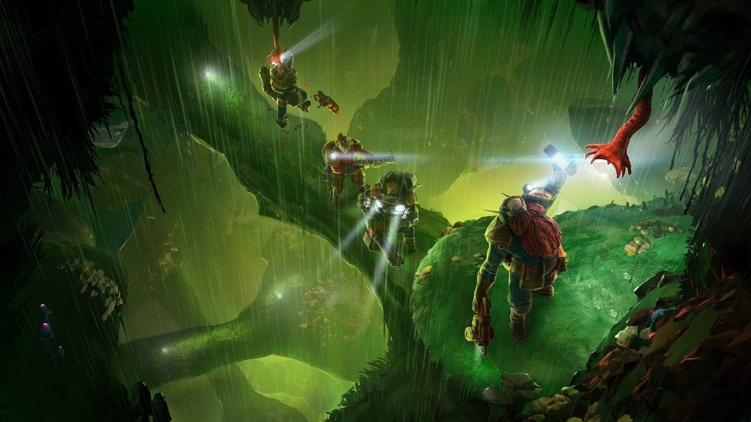 Dwarves with flashlights explore a dark green cave while a monster hand reaches out from the top right corner.