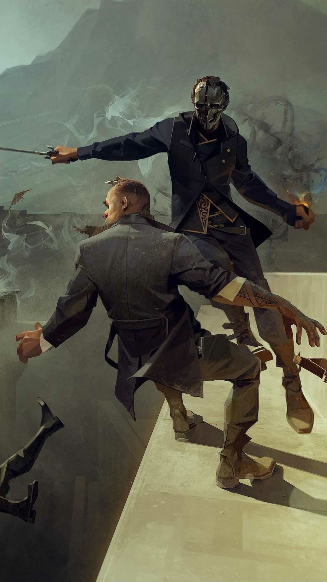 Masked assassin jumping towards a man on a high ledge with a smoky city background in painterly style.