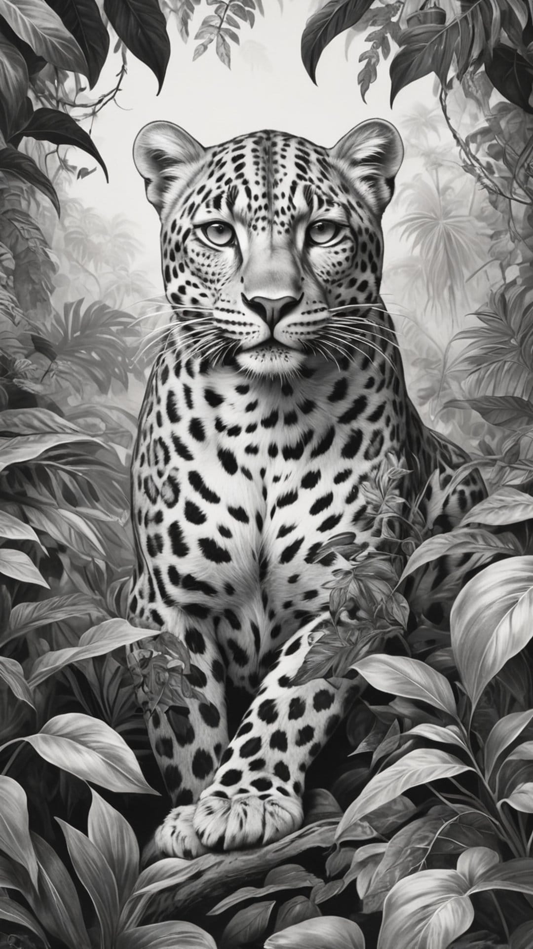 Leopard with spotted fur gazes from behind large tropical leaves in a high-contrast black and white portrait.