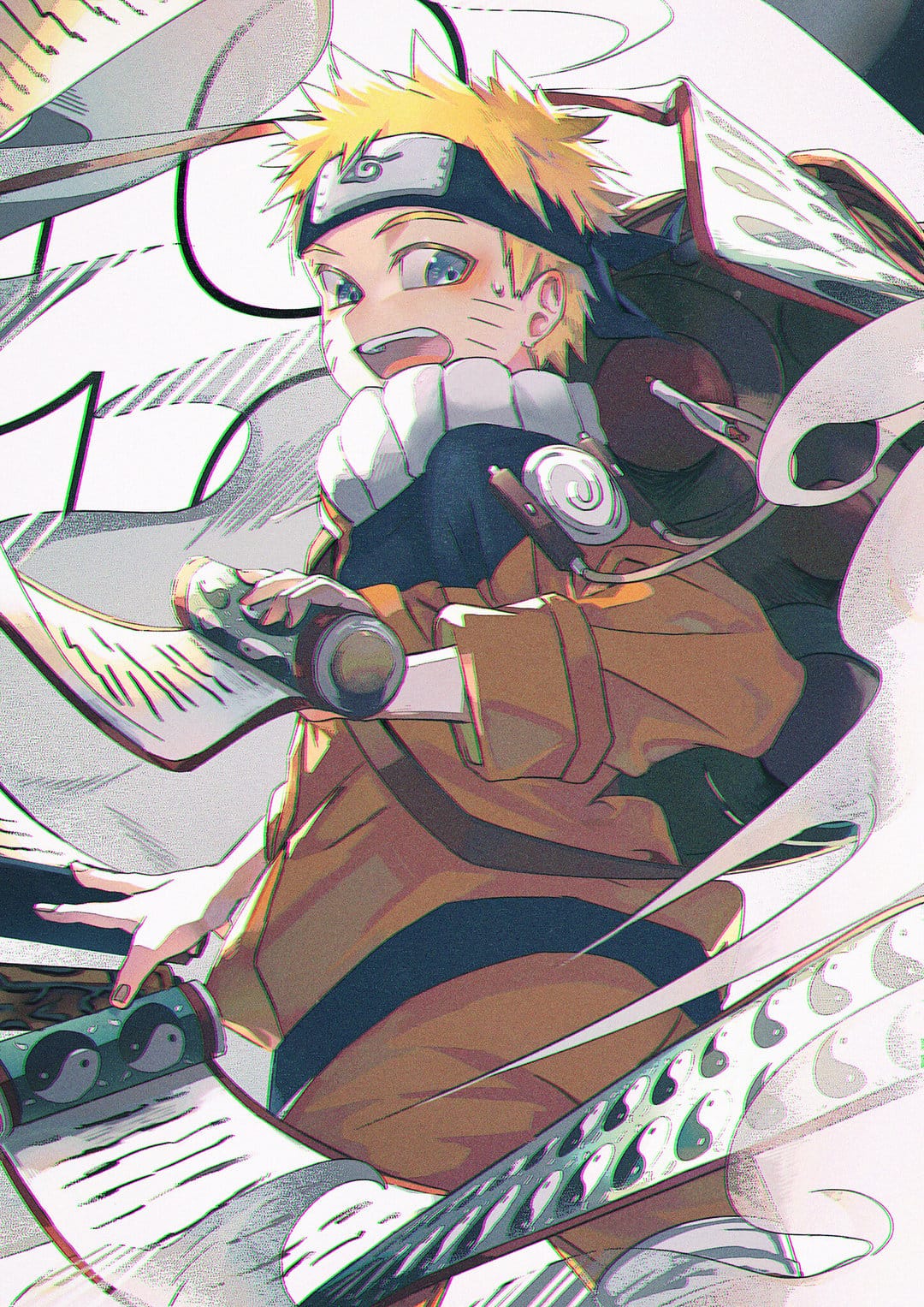 Naruto Uzumaki holding a wooden scroll with yin-yang symbols against a backdrop of swirling white patterns.