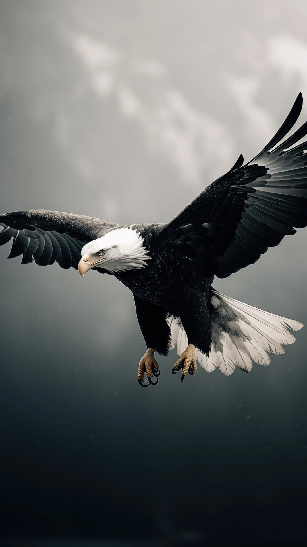 Bald eagle with outstretched wings soars against a moody gray sky, highlighting its white head and dark plumage.