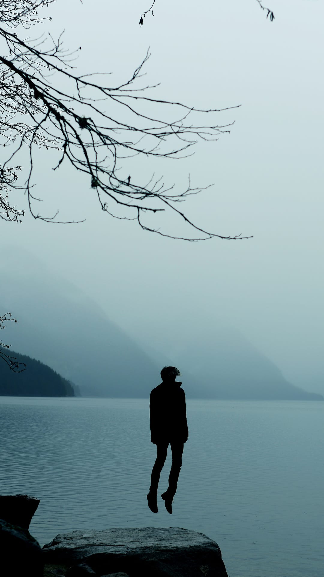 Solitary silhouette levitating above a jagged rock overlooking thick mist and distant light rays through trees.