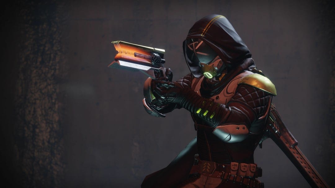 Hunter character in hooded sci-fi armor aiming a glowing orange hand cannon in a dark, atmospheric environment.