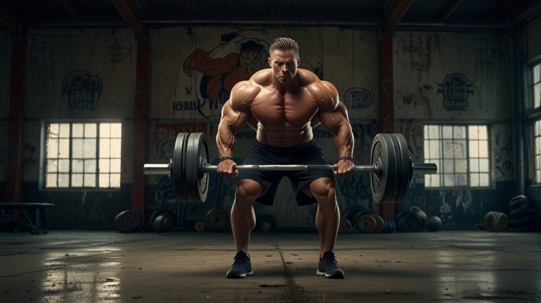 Muscular man performing a barbell deadlift in a gritty industrial gym with sunlight streaming through windows.