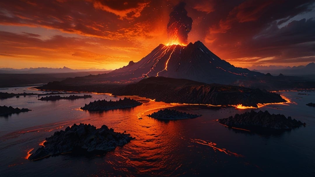 Molten lava flows down a volcanic island into the sea under a fiery sunset sky with smoke and glowing magma.