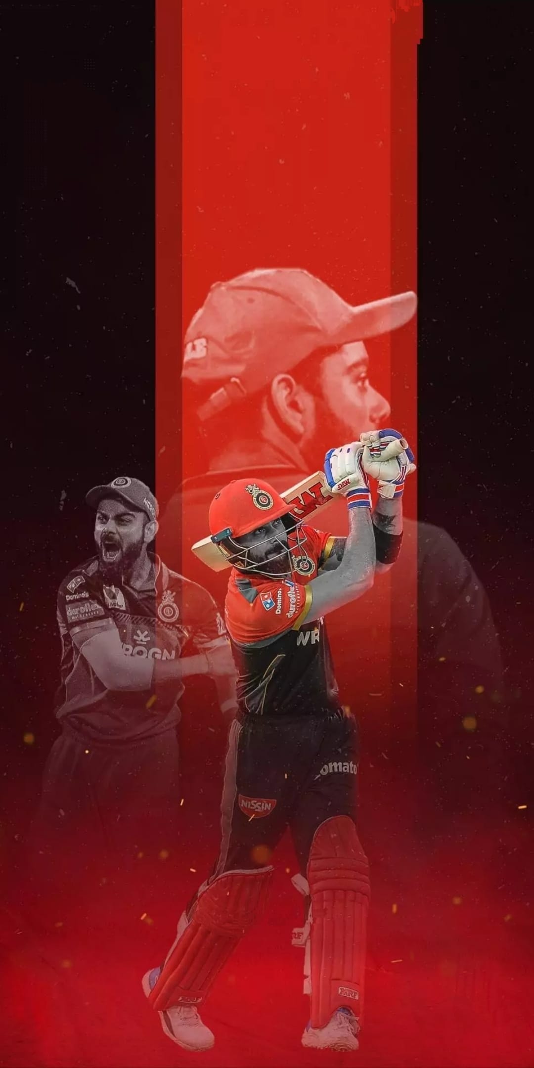 Virat Kohli and Glenn Maxwell holding cricket bats in aggressive stances wearing red and black RCB team jerseys.