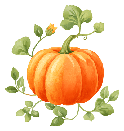 Watercolor Pumpkin,Orange Pumpkin,Leaves,Vine,Autumn,Harvest,Halloween,Thanksgiving