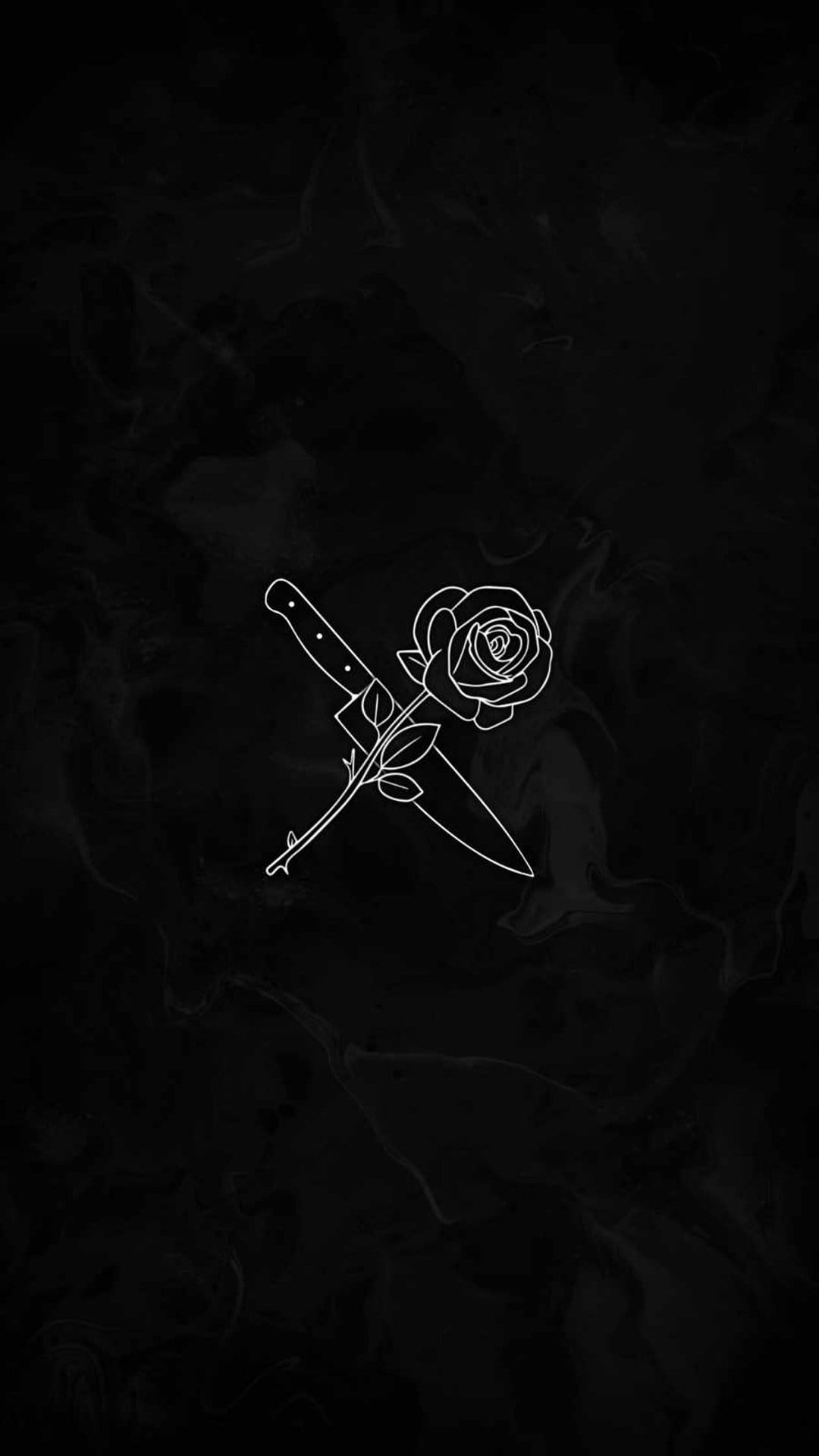 White rose petals and a sharp dagger blade intertwined in minimalist line art on a dark textured background.