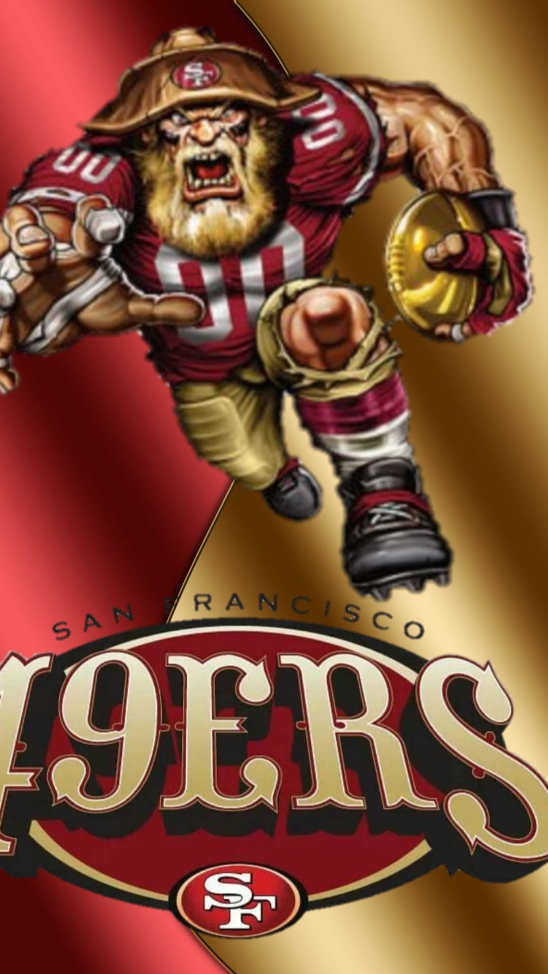 San Francisco 49ers football player in a red jersey holding a gold ball during a dynamic running play.