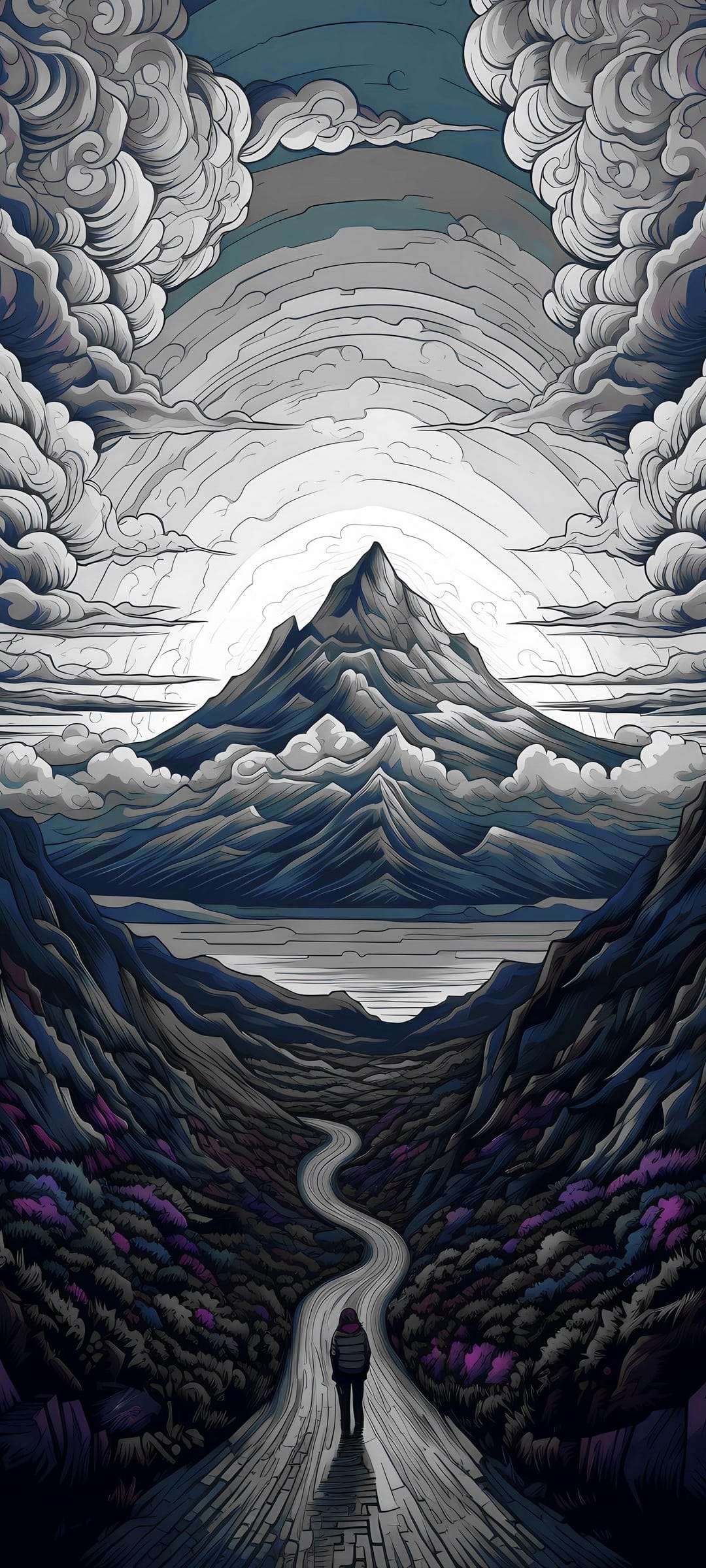 A person walks along a winding mountain road toward a bright sun breaking through dark clouds near a serene lake.