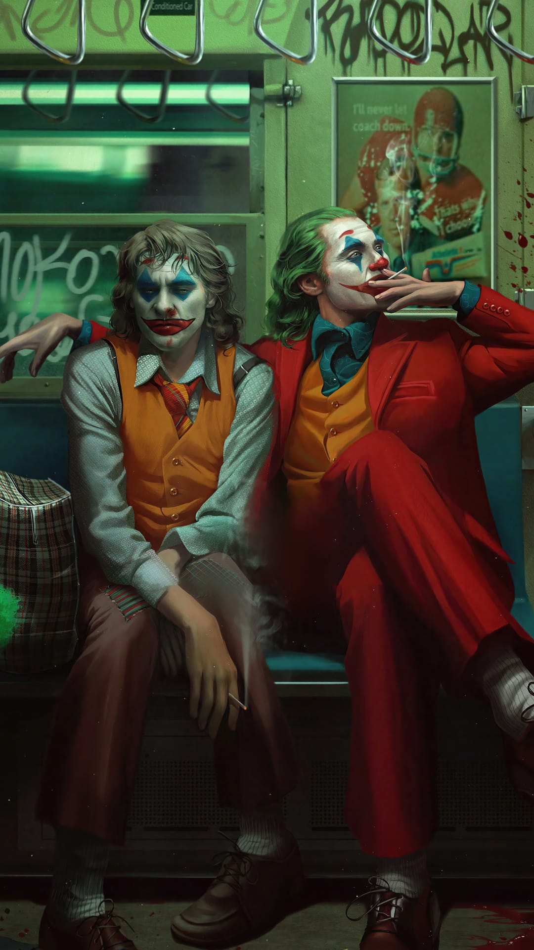 Two men in clown makeup and colorful suits sit together on a subway bench next to a vintage wall advertisement.