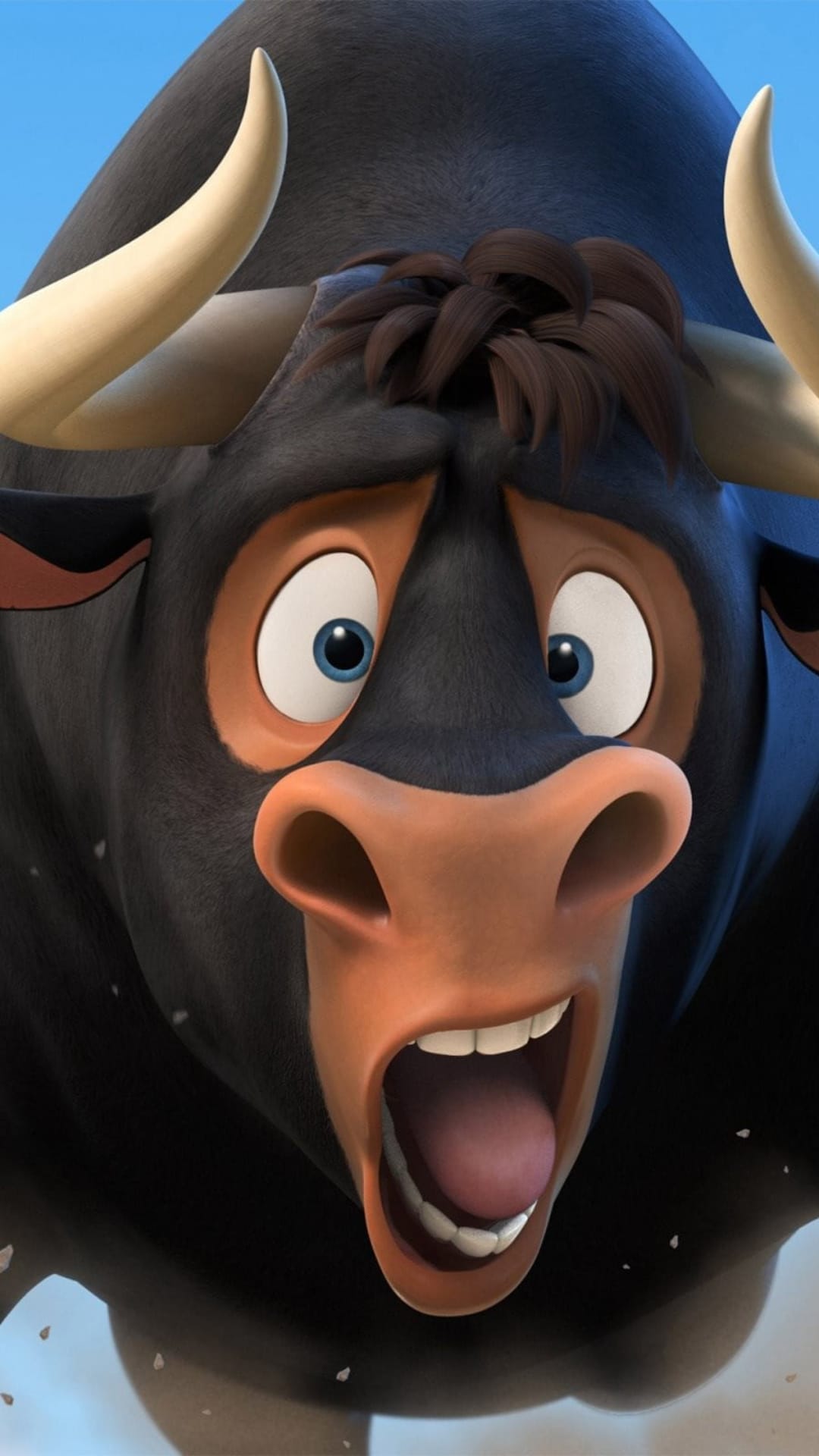 Ferdinand the bull yells with a wide-open mouth and large pink tongue against a clear blue summer sky.