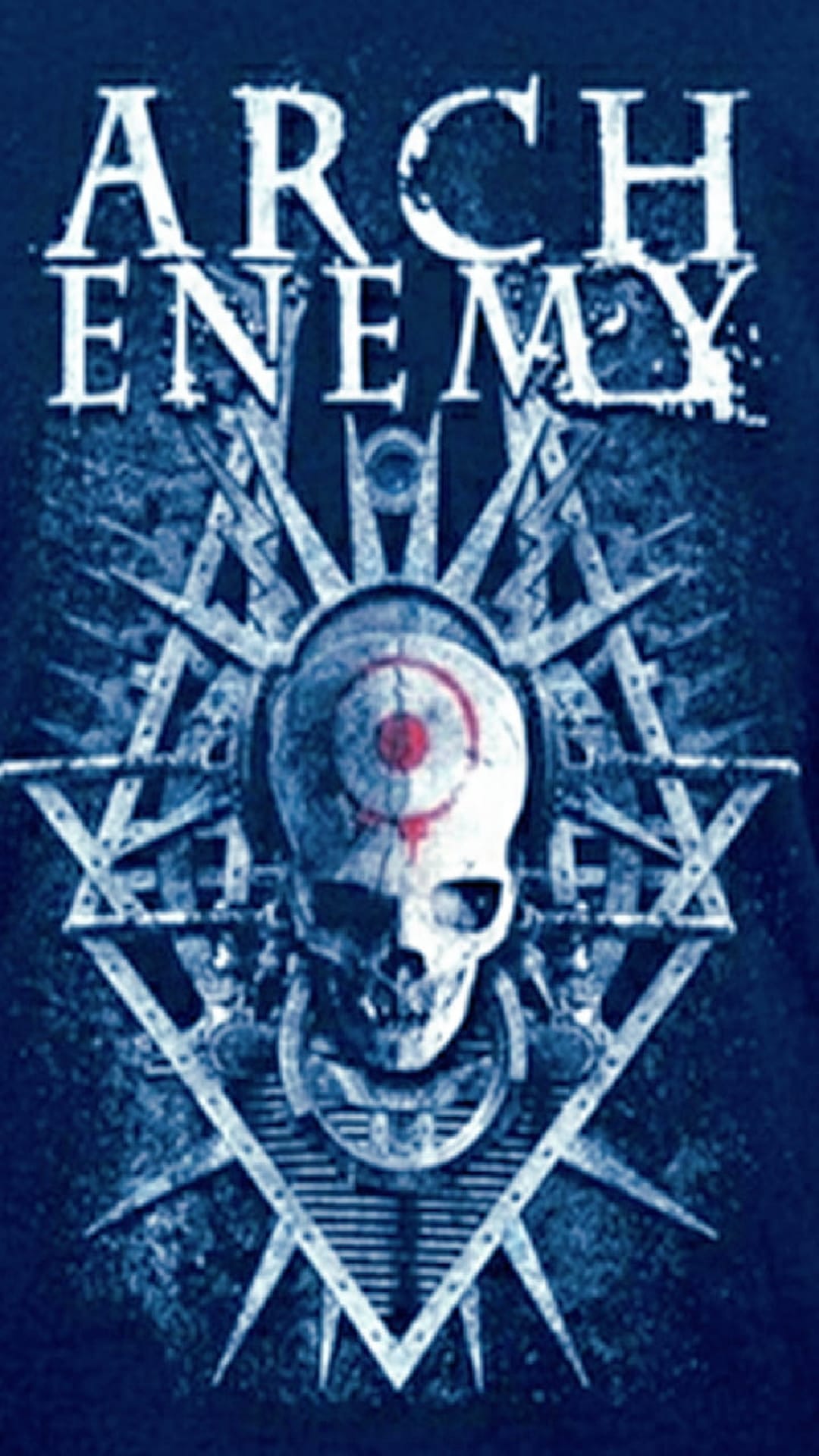 Arch Enemy skull logo with a white target on its forehead features blue and white shading against a dark backdrop.