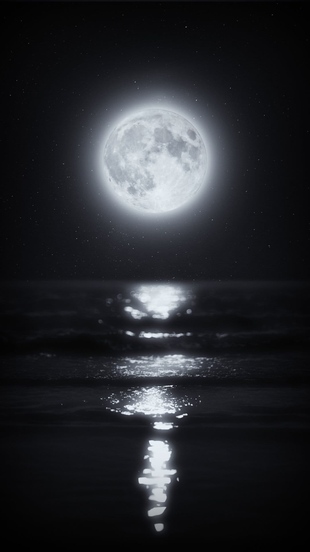 Full moon glowing above rhythmic ocean swells with a shimmering light path reflecting on the dark water surface.