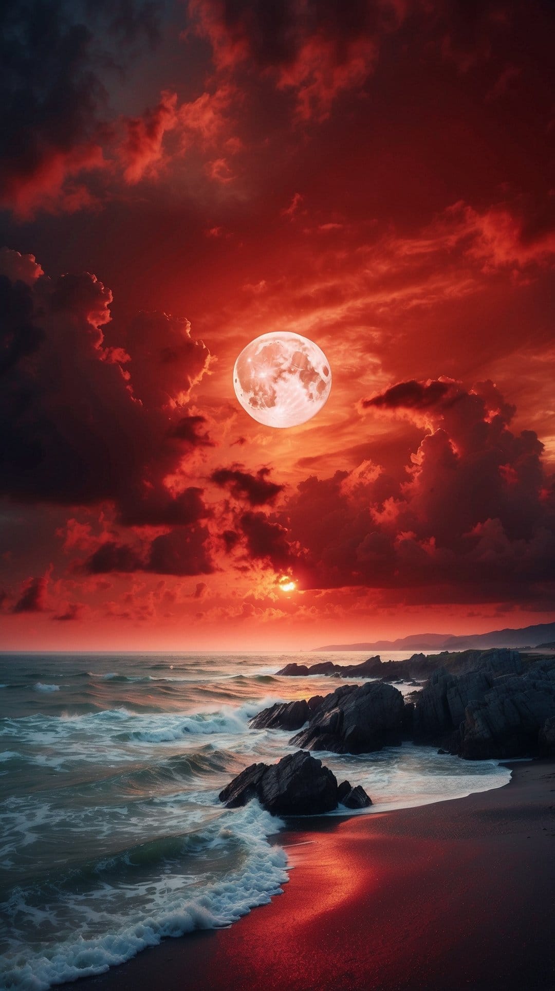 A large red blood moon illuminates dark swirling clouds above a rocky beach with crashing ocean waves at night.