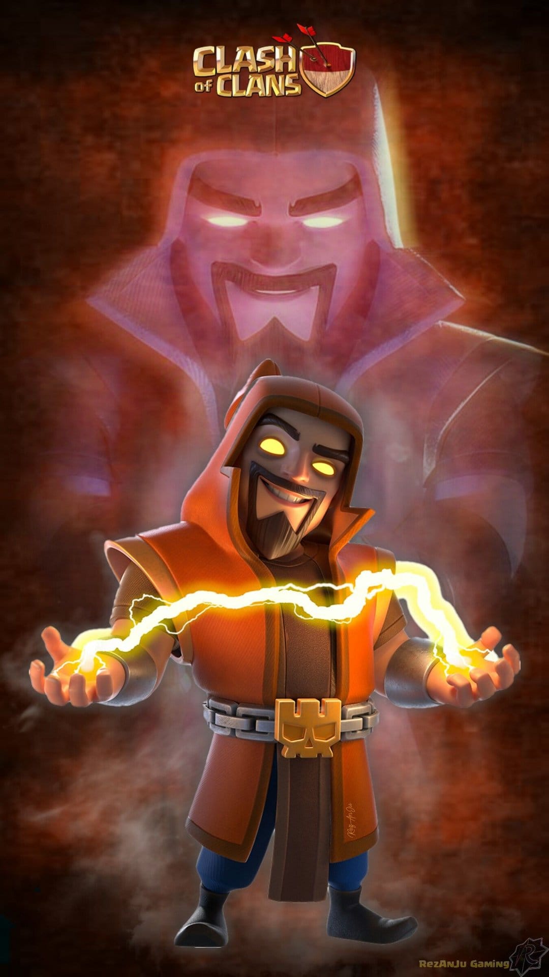Wizard with glowing yellow eyes channels lightning while a translucent grinning ghost looms behind him.