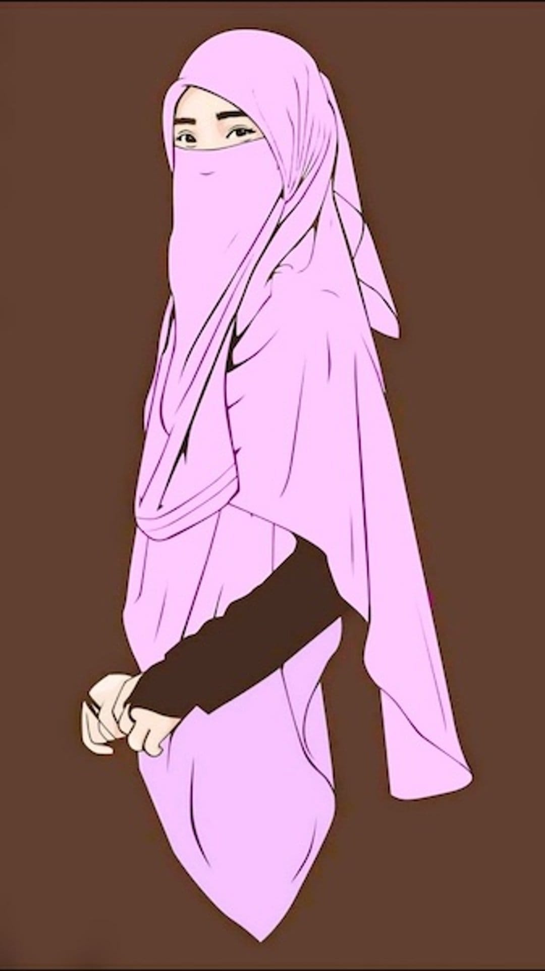 Muslim woman wearing a pink hijab and niqab in profile against a solid brown backdrop with dark sleeves showing.