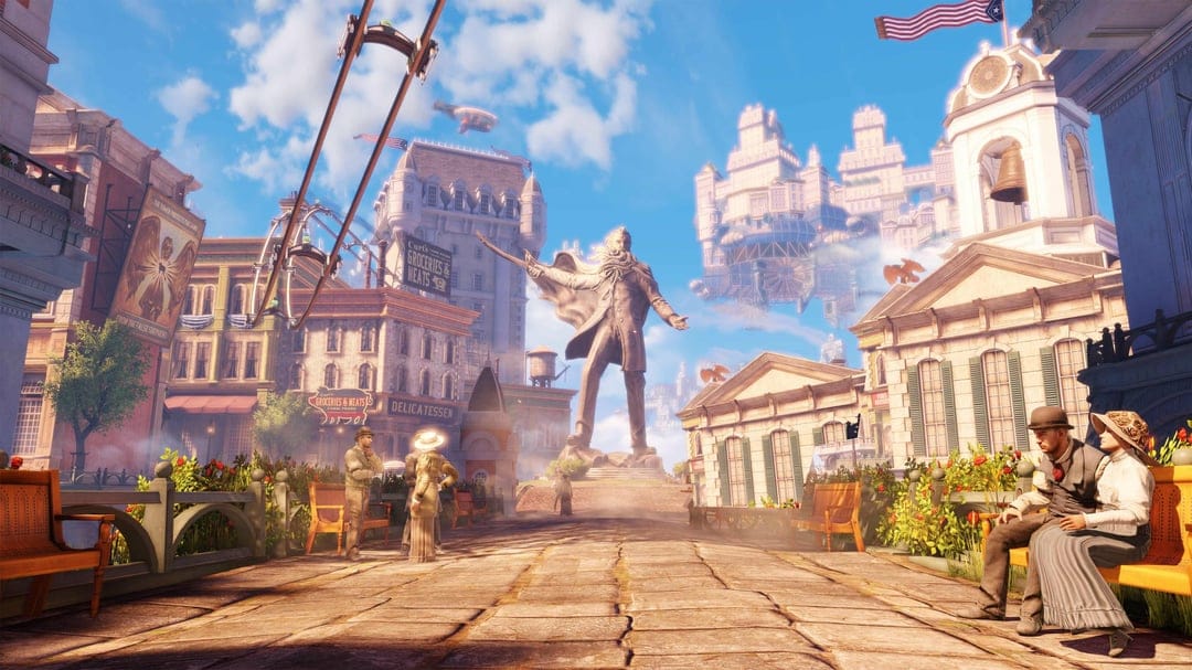 Large bronze statue of a man in a sunny floating city plaza with neoclassical architecture and distant airships.