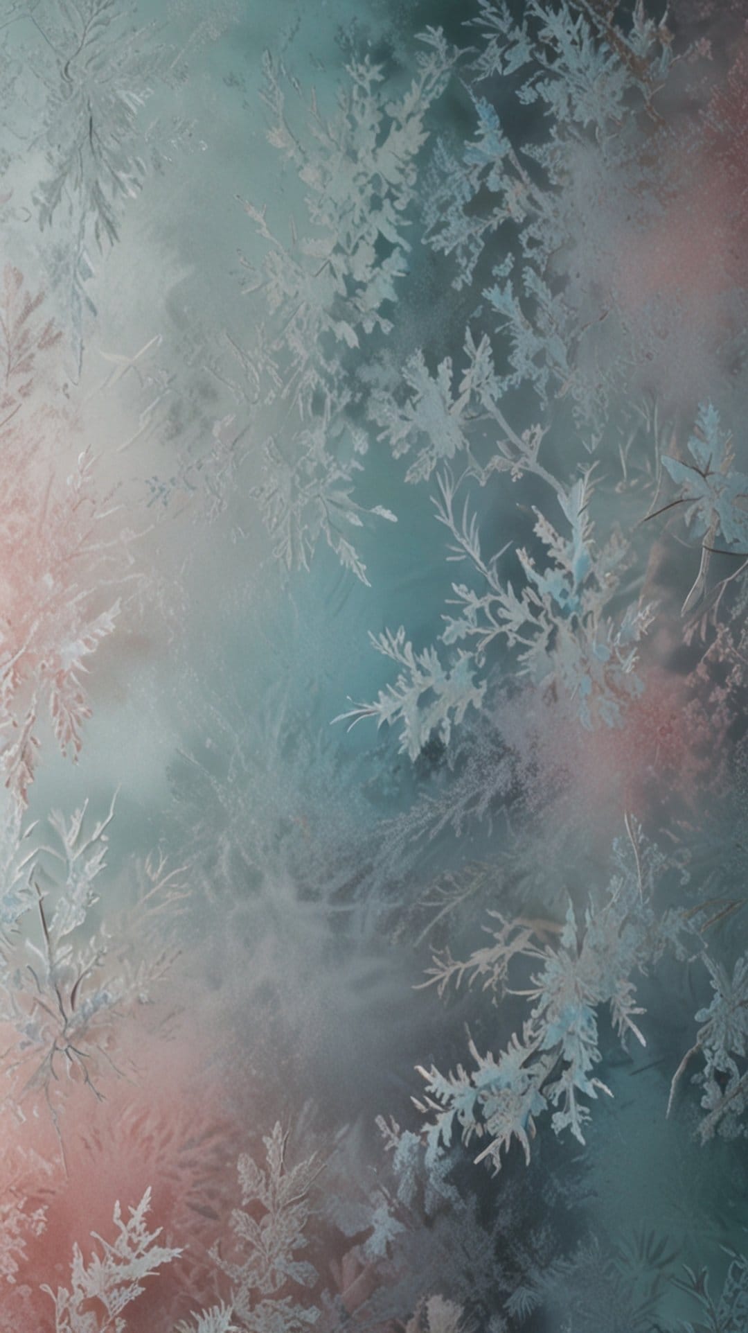 Feathery ice crystals and frost patterns on glass with a soft pink and teal gradient background in macro detail.