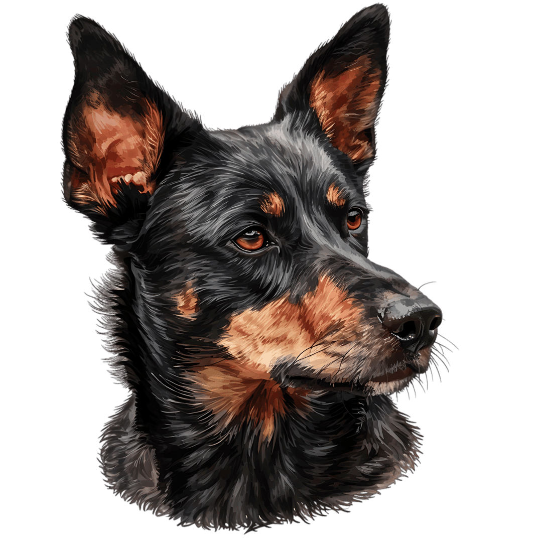 Australian Kelpie dog head portrait showing pointed ears, brown facial markings, and realistic short fur texture.