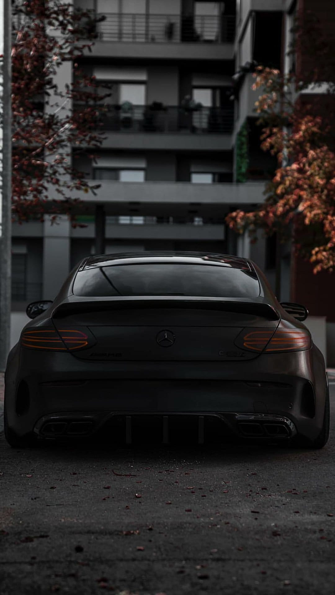 Mercedes-AMG coupe with matte black paint and red taillights parked near orange autumn trees in an urban street.